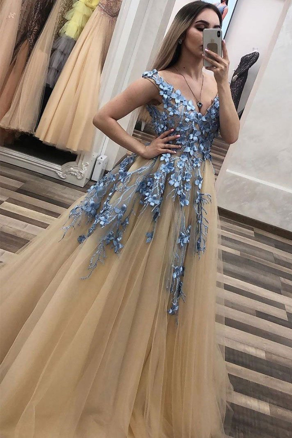 Champagne A-line Tulle Long Prom Dress Champagne Evening Dress – shopluu