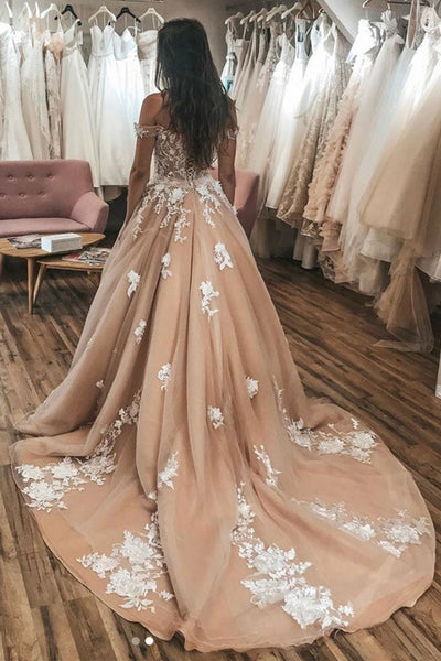 Off Shoulder Champagne Tulle Lace Long Prom Dresses with Train, Off the Shoulder Champagne Formal Evening Dresses