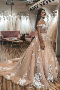 Off Shoulder Champagne Tulle Lace Long Prom Dresses with Train, Off the Shoulder Champagne Formal Evening Dresses
