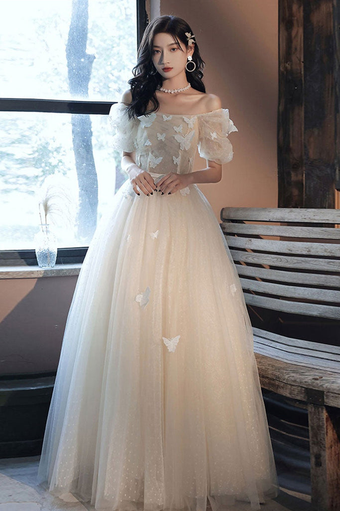 Off Shoulder Champagne Tulle Long Prom Dresses with Lace Flowers, Cham Lwt Dress Off Shoulder Champagne Tulle Long Prom Dresses with Lace Flowers, Cham Lwt Dress