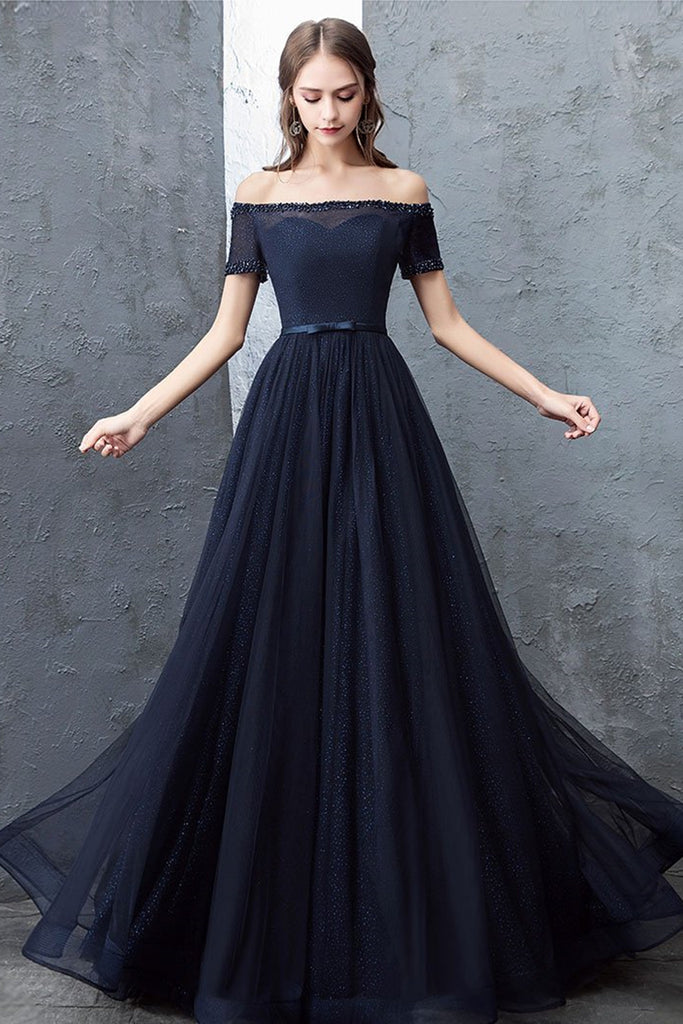 Off Shoulder Dark Blue Long Prom Dresses, Dark Blue Formal Dresses, Of Lwt Dress Off Shoulder Dark Blue Long Prom Dresses, Dark Blue Formal Dresses, Of Lwt Dress