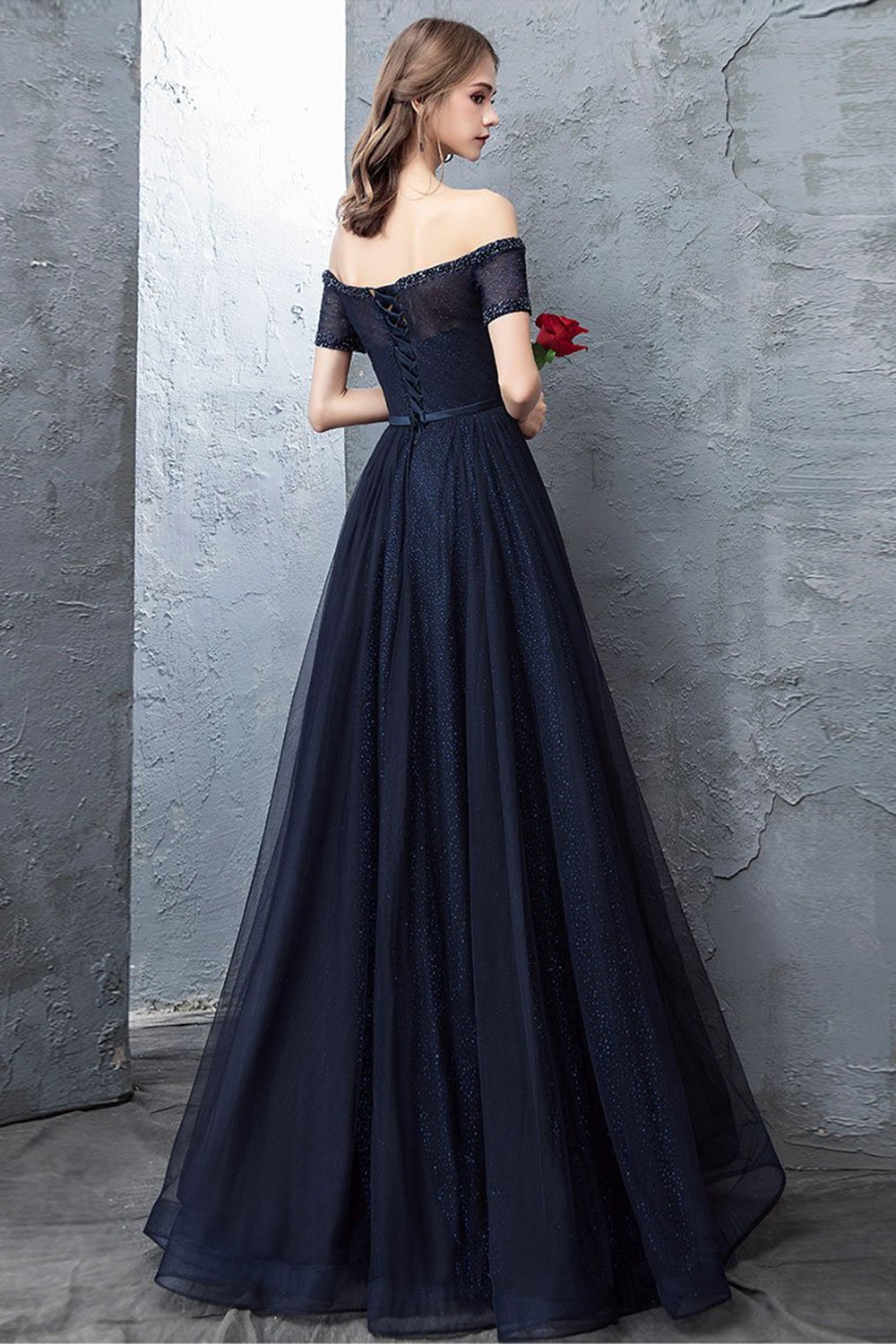Off Shoulder Dark Blue Long Prom Dresses, Dark Blue Formal Dresses, Of