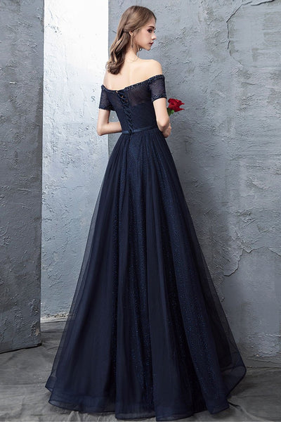 Off Shoulder Dark Blue Long Prom Dresses, Dark Blue Formal Dresses, Off the Shoulder Evening Dresses