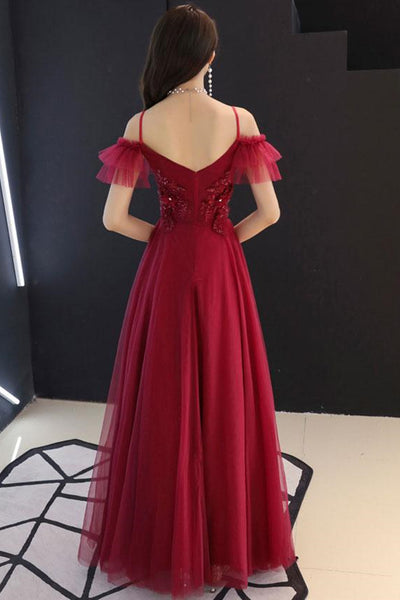 Off Shoulder Floor Length Burgundy Lace Beaded Long Prom Dresses, Off Shoulder Burgundy Formal Evening Dresses
