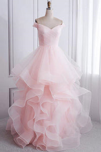 Off Shoulder Fluffy Pink Tulle Long Prom Dresses, Off Shoulder Pink Formal Dresses, Pink Evening Dresses