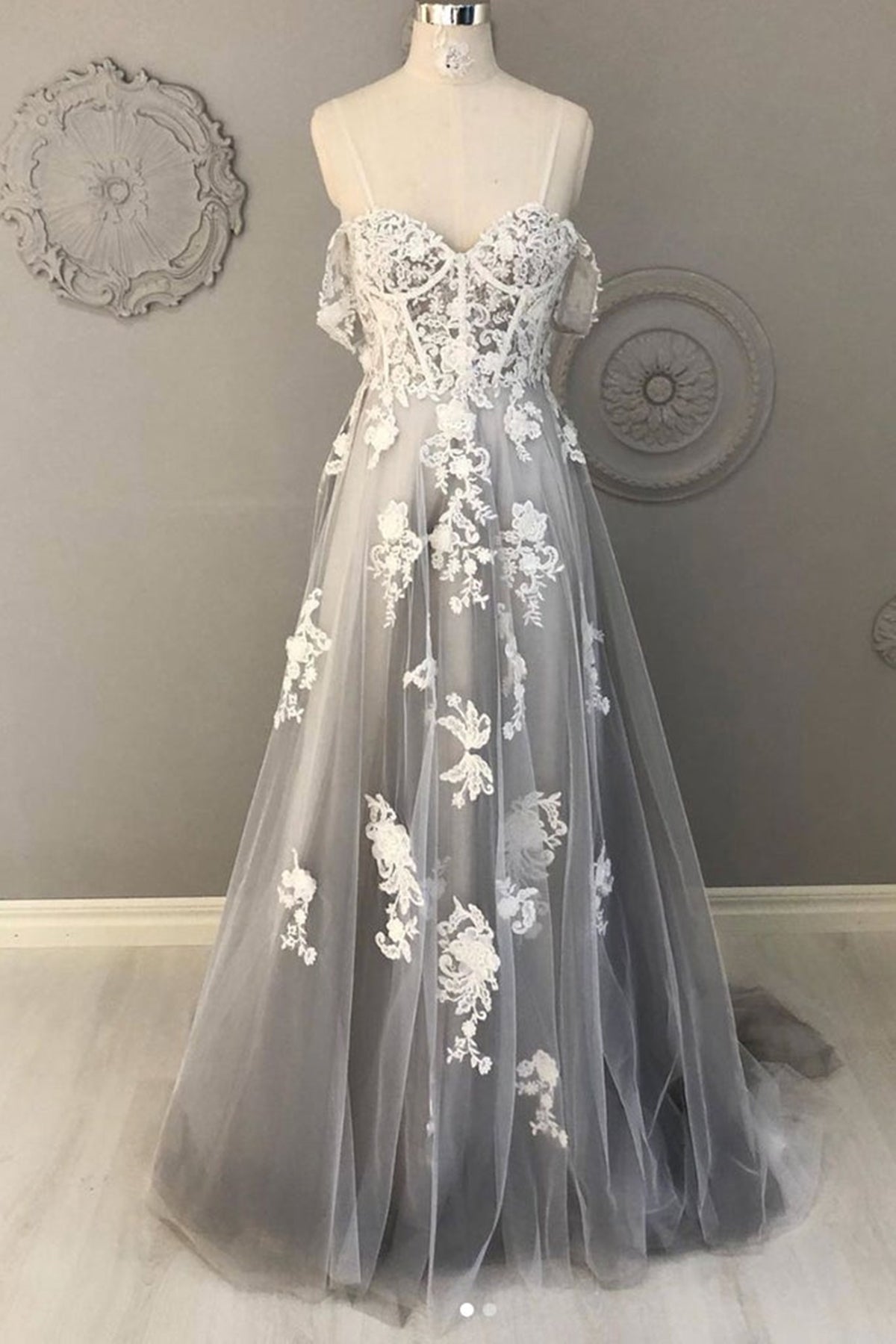 Off Shoulder Gray Tulle Long Prom Dresses with Lace Appliques, Gray Lace Formal Dresses, Long Gray Evening Dresses