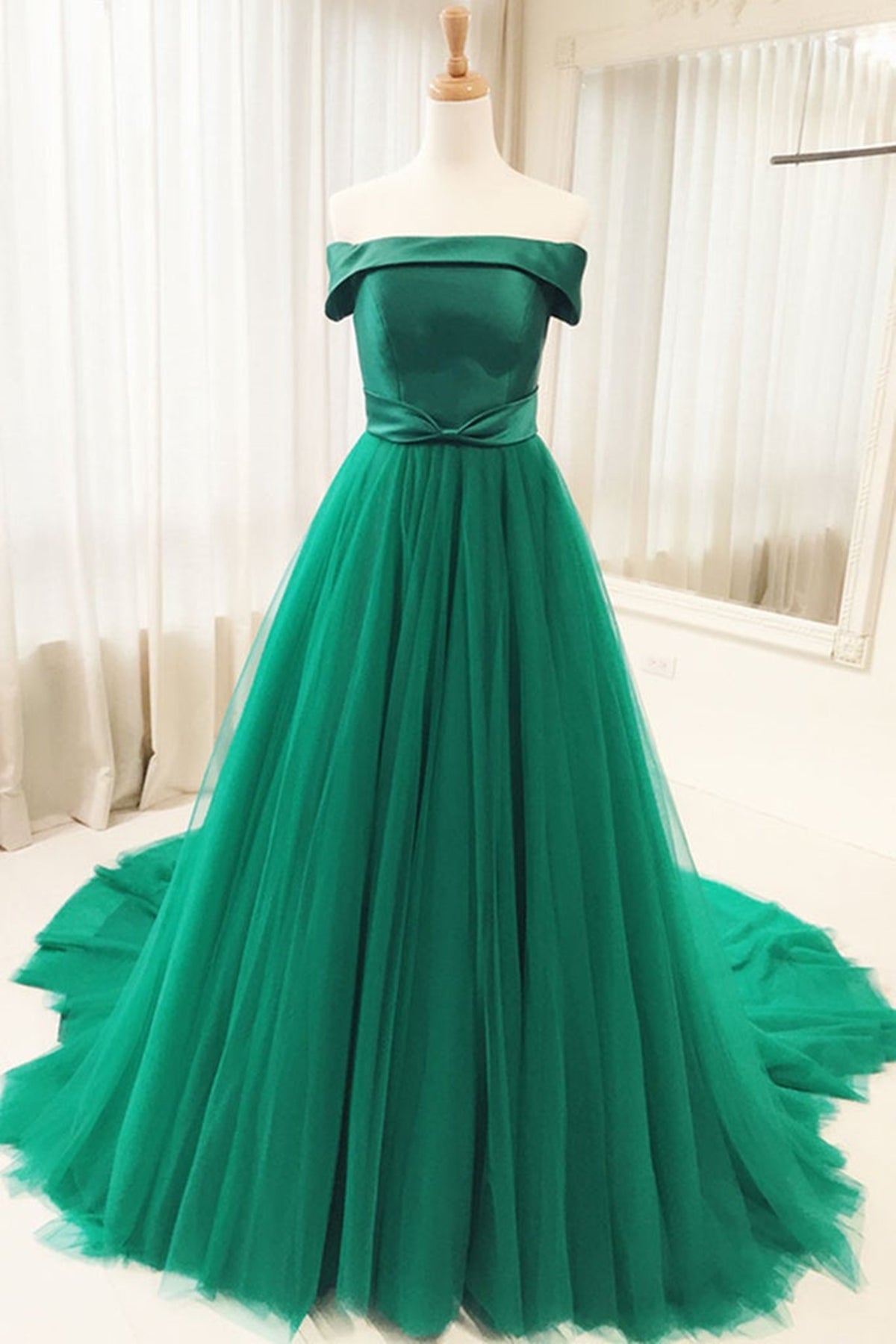 Off Shoulder Green Tulle Long Prom Dresses, Off the Shoulder Green Formal Dresses, Green Evening Dresses