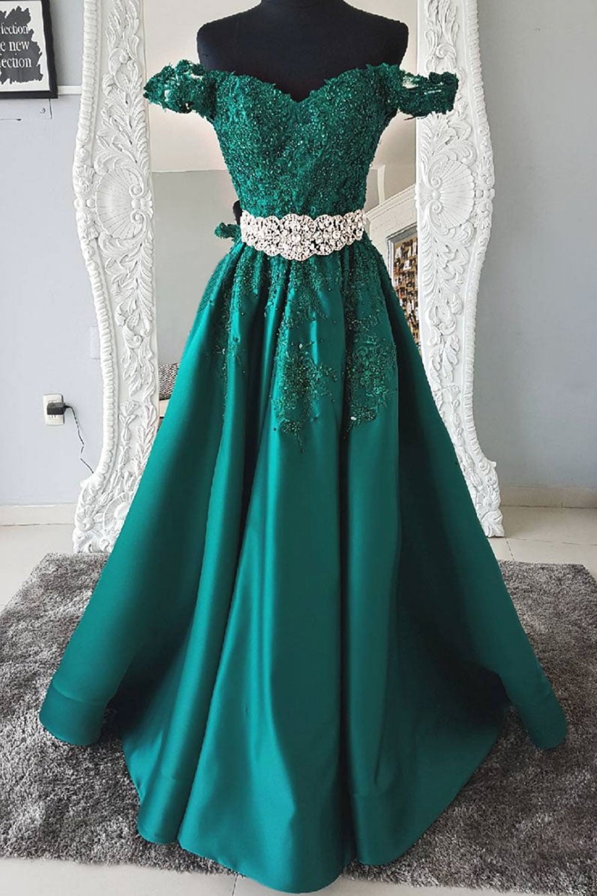 Off Shoulder Green lace Long Prom Dresses with Belt, Off the Shoulder Lwt Dress Off Shoulder Green lace Long Prom Dresses with Belt, Off the Shoulder Lwt Dress