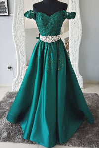 Off Shoulder Green lace Long Prom Dresses with Belt, Off the Shoulder Green Formal Dresses, Green Lace Evening Dresses