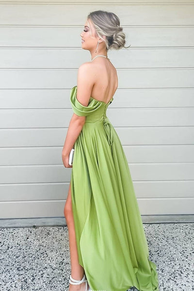 Off Shoulder High Low Green Satin Long Prom Dresses, Off the Shoulder Green Formal Dresses, Green Evening Dresses