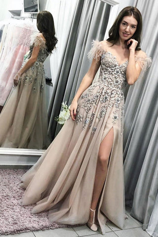 Off Shoulder Lace Champagne Long Prom Dresses with High Slit, Off Shoulder Champagne Formal Dresses, Champagne Party Dresses