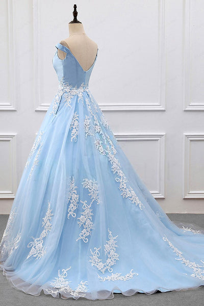 Off Shoulder Light Blue Long Prom Dresses with Lace Appliques, Light Blue Lace Formal Evening Dresses, Light Blue Ball Gown