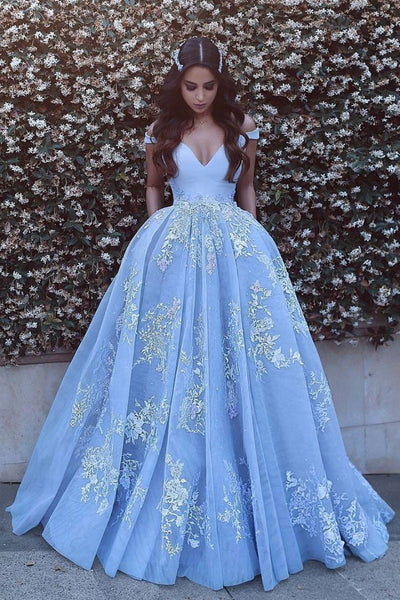 Off Shoulder Light Blue Long Prom Dresses with Lace Appliques, Light Blue Lace Formal Evening Dresses, Light Blue Ball Gown