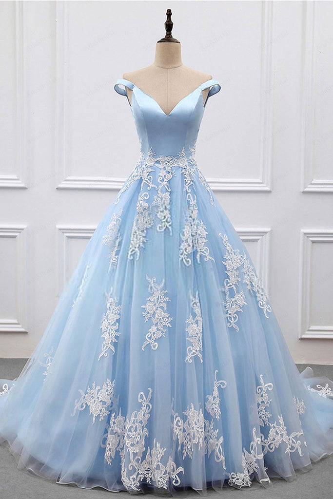 Off Shoulder Light Blue Long Prom Dresses with Lace Appliques, Light B – Lwt Dress Off Shoulder Light Blue Long Prom Dresses with Lace Appliques, Light B – Lwt Dress