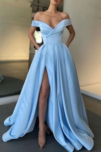 Off Shoulder Light Blue Satin Long Prom Dresses with High Slit, Off the Shoulder Blue Formal Dresses, Blue Evening Dresses