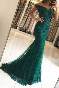 Off Shoulder Mermaid Green Lace Beaded Long Prom Dresses, Green Lace Formal Graduation Bridesmaid Evening Dresses