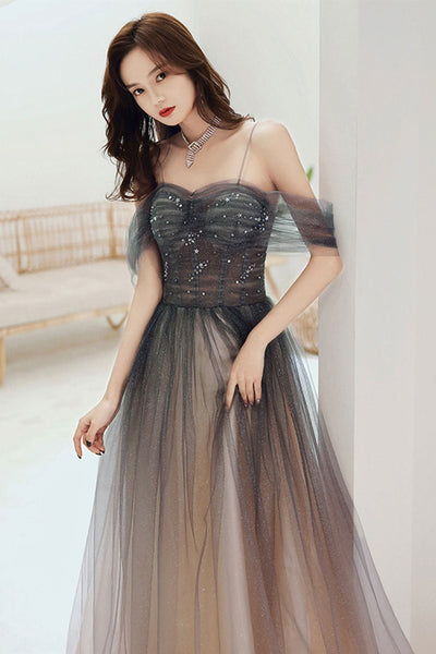 Off Shoulder Ombre Tulle Beaded Long Prom Dresses, Long Ombre Formal Graduation Evening Dresses