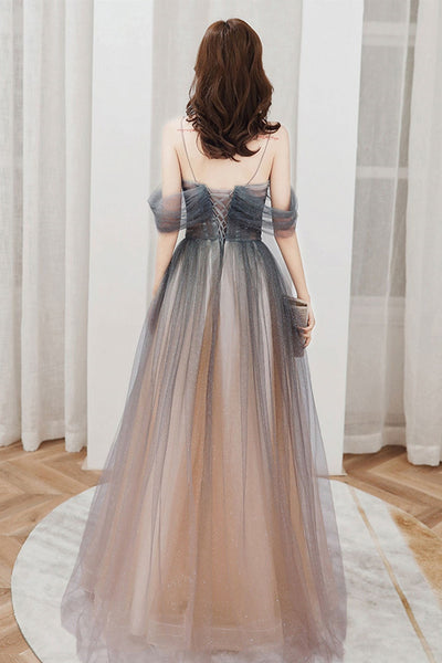 Off Shoulder Ombre Tulle Beaded Long Prom Dresses, Long Ombre Formal Graduation Evening Dresses