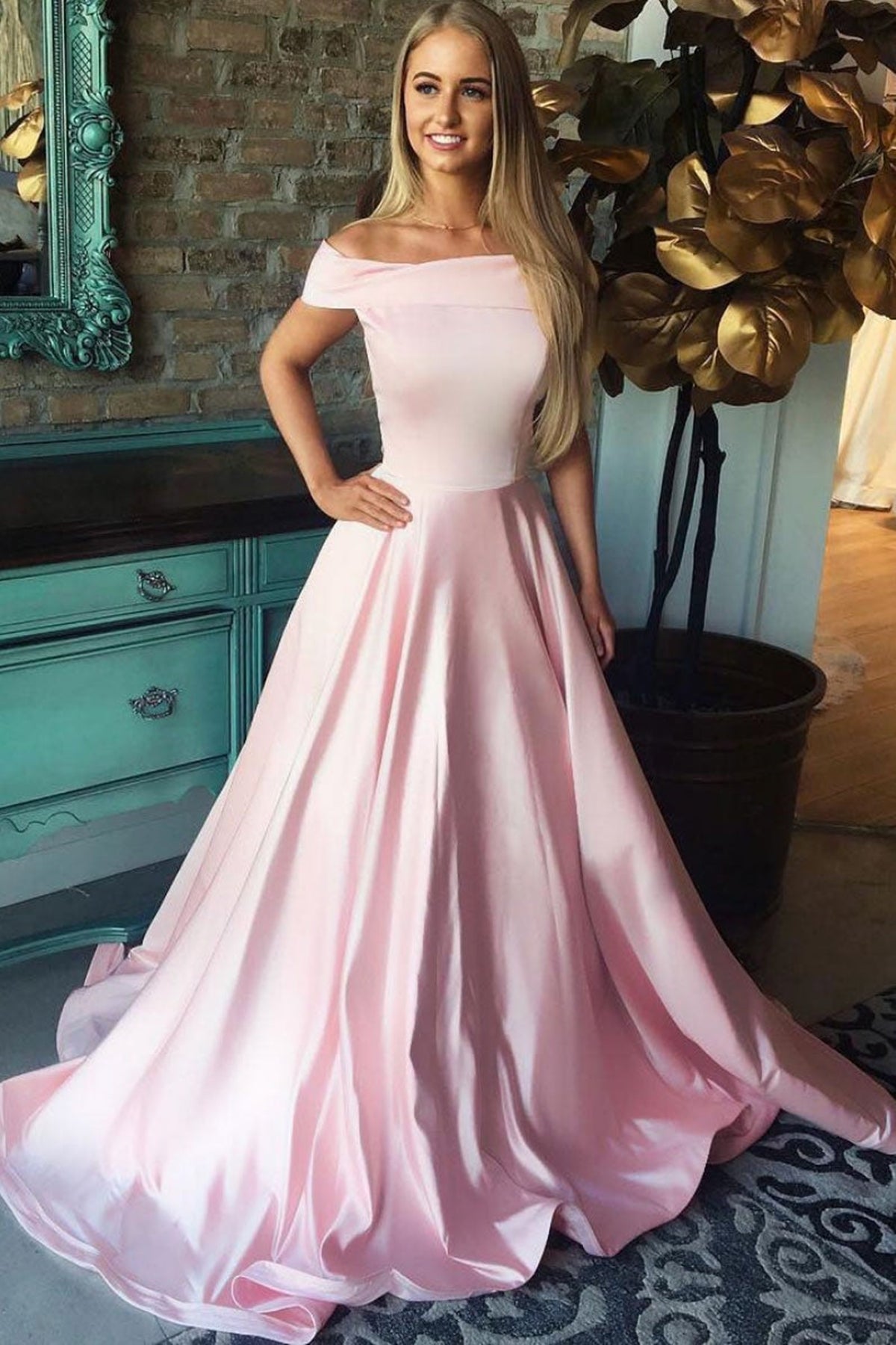 Off Shoulder Pink Satin Long Prom Dresses, Long Pink Formal Graduation Evening Dresses