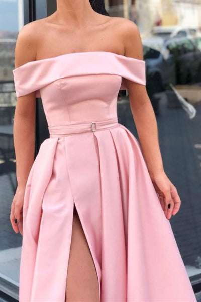 Off Shoulder Pink Satin Long Prom Dresses with High Slit, Off the Shoulder Pink Formal Graduation Evening Dresses