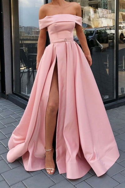 Off Shoulder Pink Satin Long Prom Dresses with High Slit, Off the Shoulder Pink Formal Graduation Evening Dresses