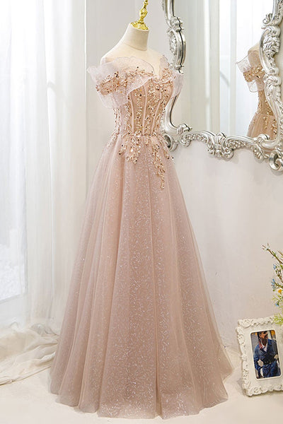 Off Shoulder Pink Tulle Long Prom Dresses with Sequins, Off Shoulder Pink Formal Dresses, Beaded Pink Evening Dresses