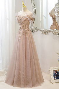 Off Shoulder Pink Tulle Long Prom Dresses with Sequins, Off Shoulder Pink Formal Dresses, Beaded Pink Evening Dresses