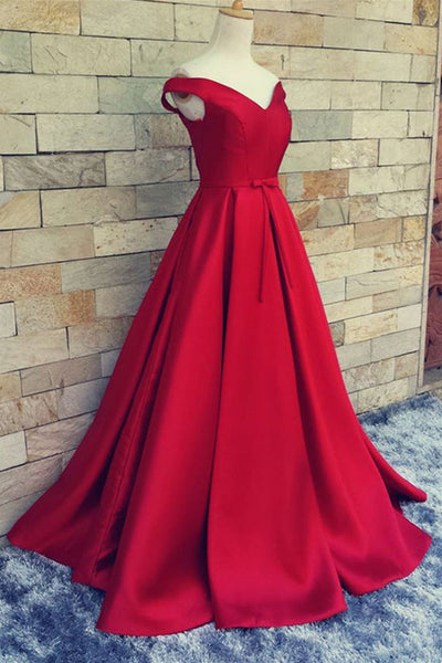Off Shoulder Red/Black Satin Long Prom Dresses, Long Red/Black Formal Graduation Evening Dresses