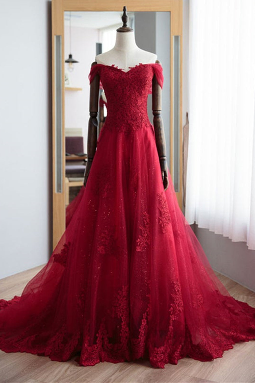 Off Shoulder Red Lace Long Prom Dresses, Off the Shoulder Red Formal Dresses, Red Lace Evening Dresses