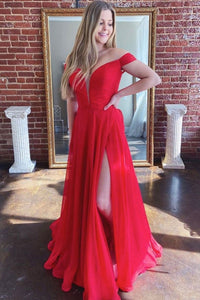 Off Shoulder Red Long Prom Dresses with High Slit, Off the Shoulder Red Formal Dresses, Red Evening Dresses