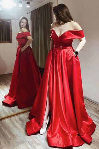 Off Shoulder Red Satin Long Prom Dresses with High Slit, Off Shoulder Red Formal Dresses, Red Evening Dresses