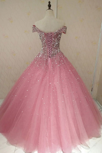 Off Shoulder Sequins Beaded Pink Long Prom Dresses, Off Shoulder Pink Formal Dresses, Pink Evening Dresses, Ball Gown