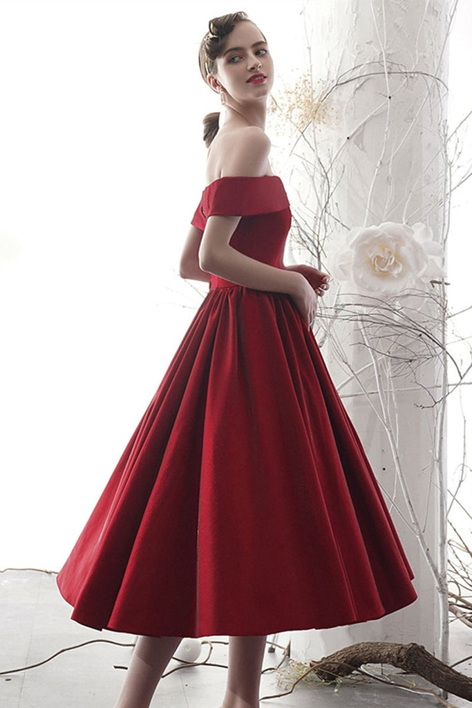 Off Shoulder Tea Length Burgundy Prom Dresses, Burgundy Formal Graduat