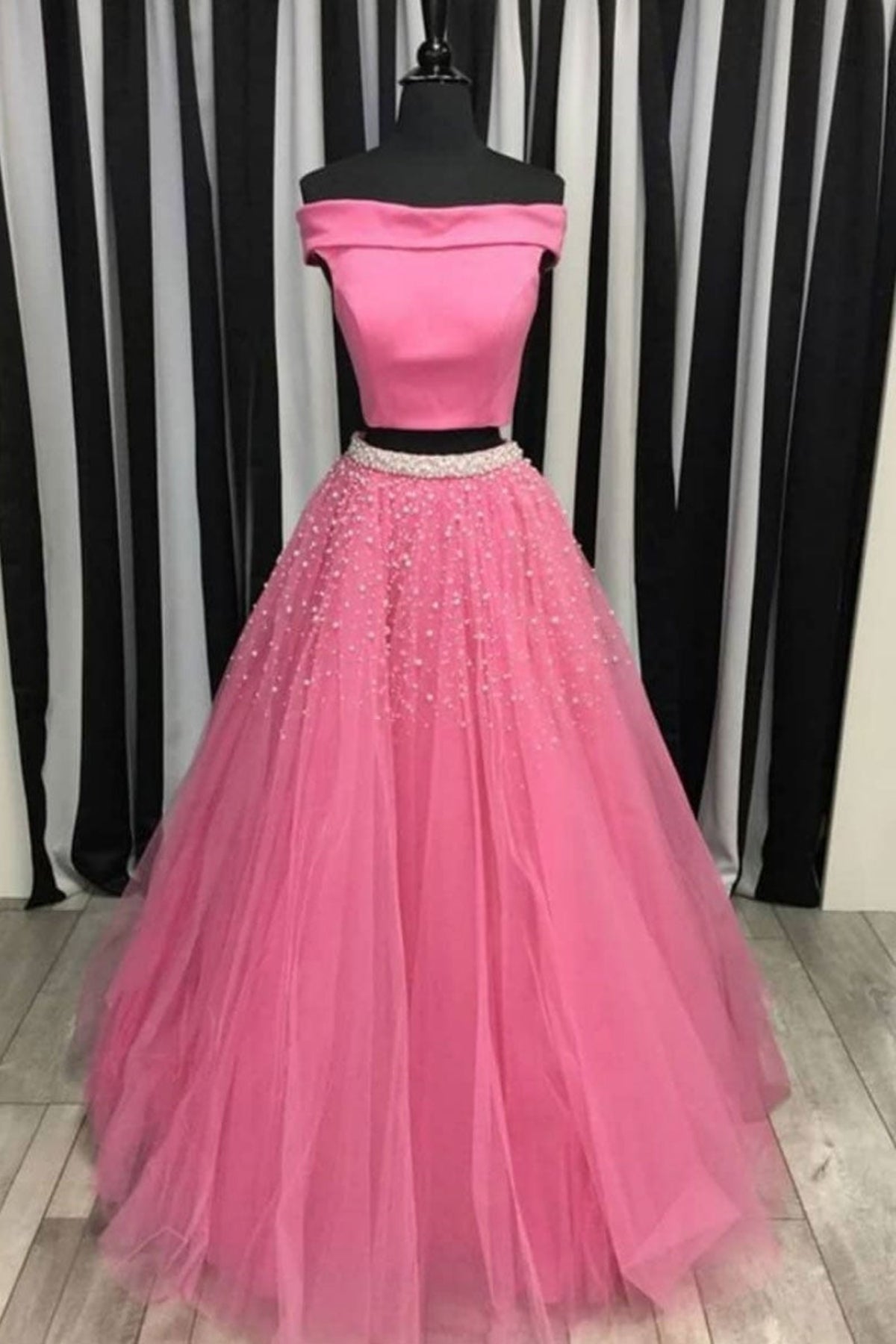 Off Shoulder Two Piece Pink Tulle Beaded Long Prom Dresses, Off the Shoulder Pink Formal Dresses, 2 Pieces Pink Evening Dresses
