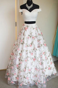 Off Shoulder Two Piece White Long Prom Dresses with Appliques, 2 Pieces White Floral Formal Dresses, White Evening Dresses