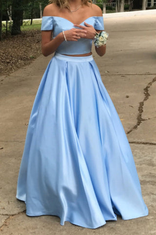 Off Shoulder Two Pieces Blue Satin Long Prom Dresses, 2 Pieces Blue Formal Dresses, Blue Evening Dresses