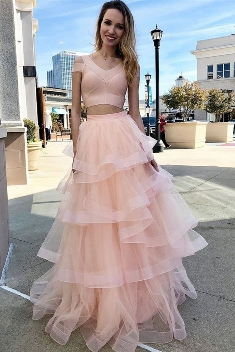 two piece layered prom dress Two Piece Pink Prom Dresses for Teens Layered Skirt Prom Dress ARD2234
