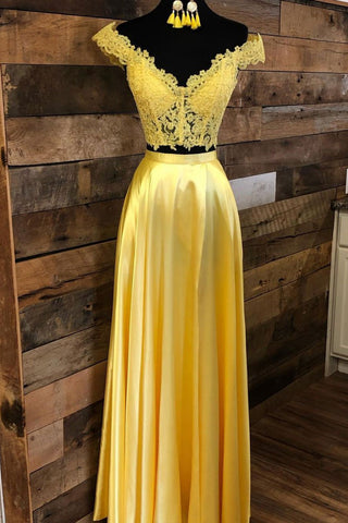 Off Shoulder Two Pieces Yellow Lace Long Prom Dresses, 2 Pieces Yellow Formal Graduation Evening Dresses