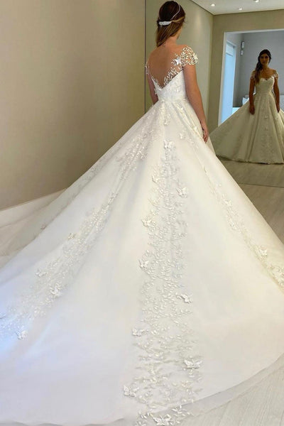 Off Shoulder White Lace Long Prom Dresses with Train, Off the Shoulder White Wedding Dresses, White Lace Formal Evening Dresses
