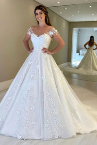 Off Shoulder White Lace Long Prom Dresses with Train, Off the Shoulder White Wedding Dresses, White Lace Formal Evening Dresses