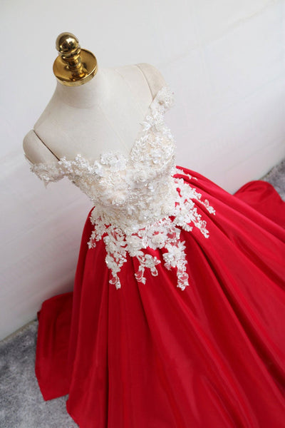Off Shoulder White Lace Red Satin Long Prom Dresses, Red Lace Formal D Lwt Dress Off Shoulder White Lace Red Satin Long Prom Dresses, Red Lace Formal D Lwt Dress