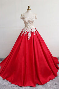Off Shoulder White Lace Red Satin Long Prom Dresses, Red Lace Formal Dresses, Off Shoulder Red Evening Dresses