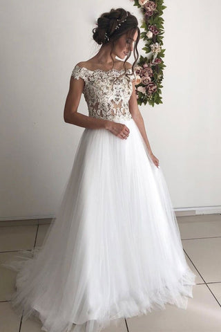 Off Shoulder White Tulle Lace Long Prom Dresses, Off the Shoulder White Wedding Dresses, White Lace Formal Evening Dresses