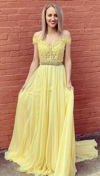 Off Shoulder Yellow Lace Long Prom Dresses with Belt, Yellow Lace Formal Graduation Evening Dresses