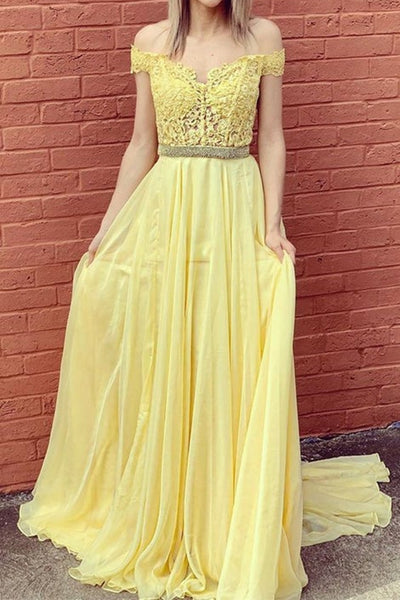 Off Shoulder Yellow Lace Long Prom Dresses with Belt, Yellow Lace Formal Graduation Evening Dresses