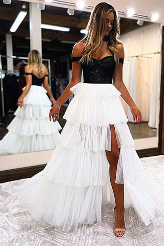 Off the Shoulder Black White High Low Prom Dresses, Black White High Low Formal Graduation Dresses
