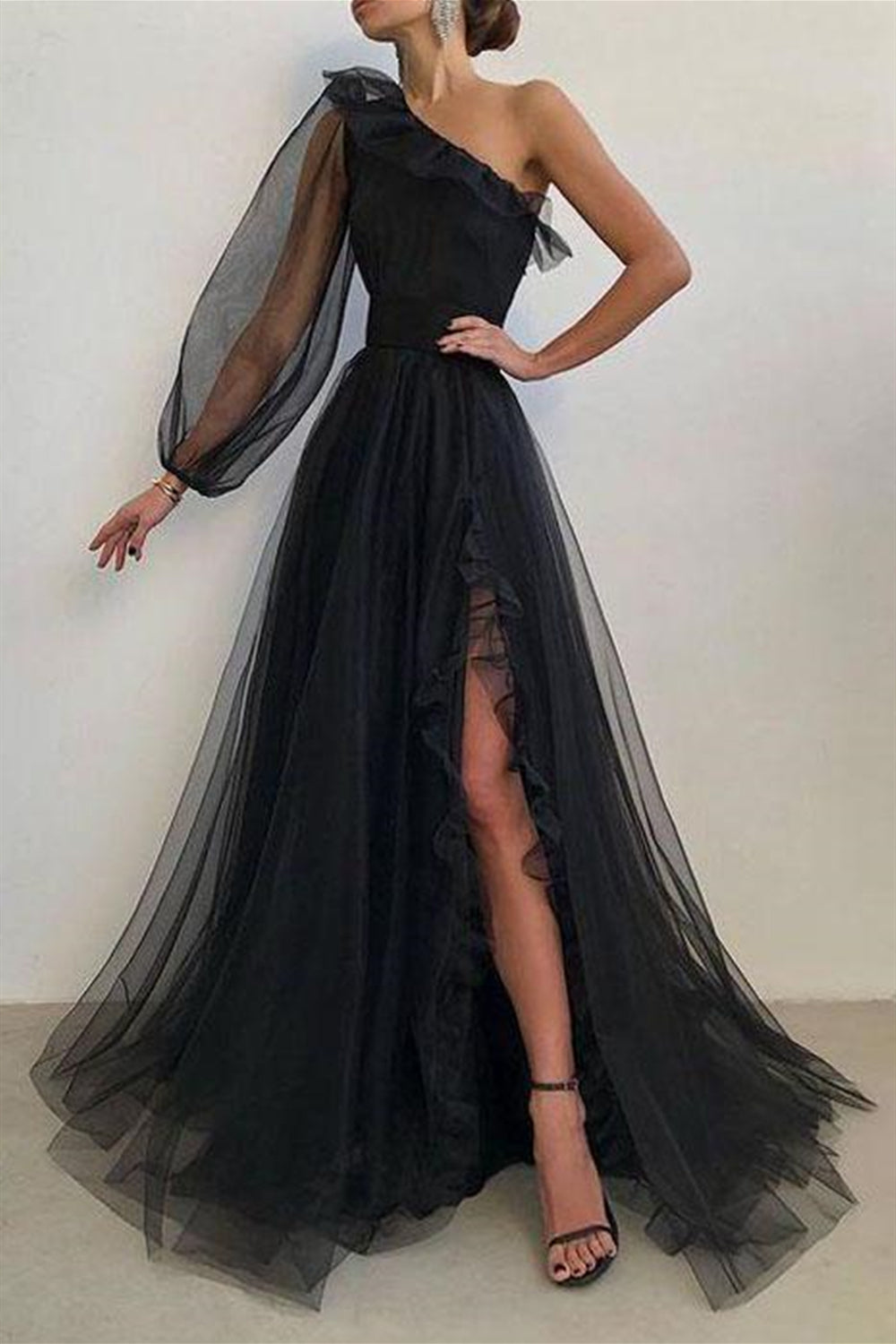 One Shoulder Black Tulle Long Prom Dresses with High Slit, Black Tulle Formal Dresses, Black Party Dresses