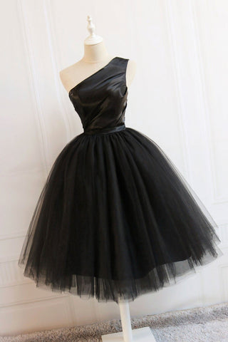 One Shoulder Black Tulle Short Prom Dresses, Short Black Homecoming Dresses, Black Formal Evening Dresses
