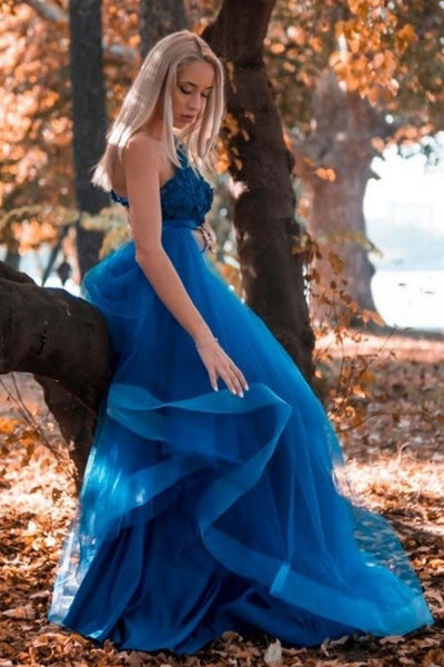 One Shoulder Blue Lace Tulle Long Prom Dresses, One Shoulder Blue Formal Dresses, Blue Lace Evening Dresses