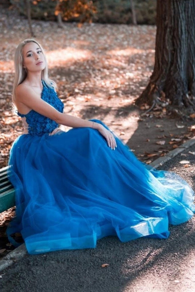 One Shoulder Blue Lace Tulle Long Prom Dresses, One Shoulder Blue Form Lwt Dress One Shoulder Blue Lace Tulle Long Prom Dresses, One Shoulder Blue Form Lwt Dress